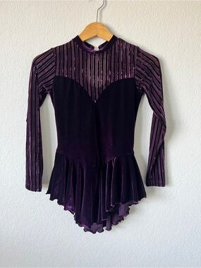 Plum Velvet Long-Sleeve Figure Skating Dress
